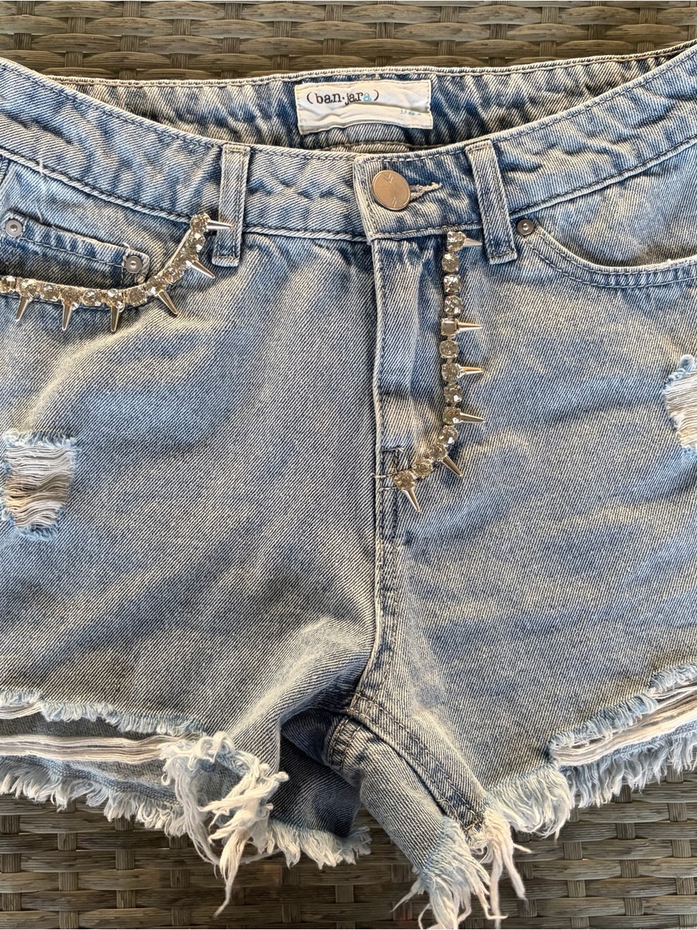 Banjara Light Blue Distressed Denim Shorts with Rhinestone Studded Accented 1/24